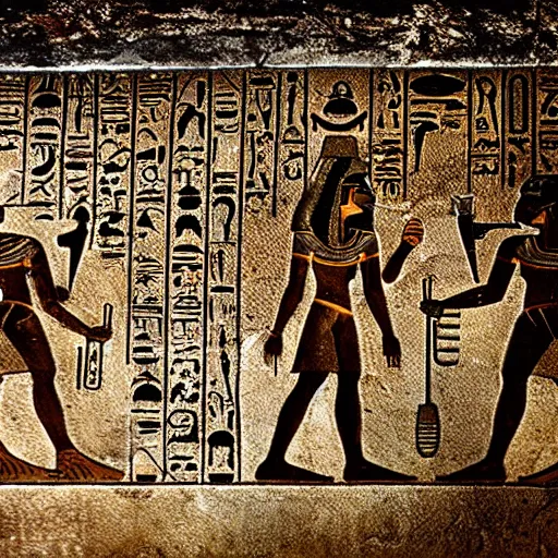 Image similar to ancient egyptian hieroglyphics depicting the first contact with alien life