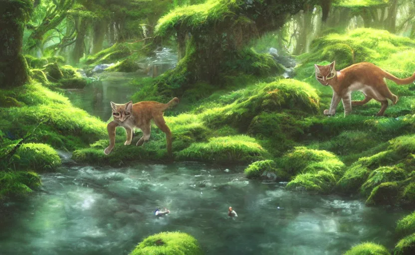 Prompt: wild cats in a clear water stream in a mossy fantastical forest, oil painting by Makoto Shinkai