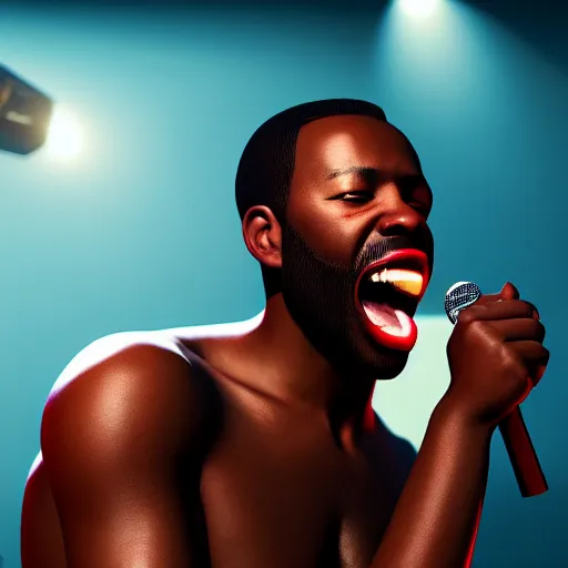 Prompt: a black man singing with all teeth shown ultra realistic, lens flare, atmosphere, glow, detailed, intricate, full of colour, cinematic lighting, trending on artstation, 4 k, hyperrealistic, focused, extreme details, unreal engine 5, cinematic, masterpiece, ultra realistic, hyper realistic, highly detailed, sharp focus, digital art