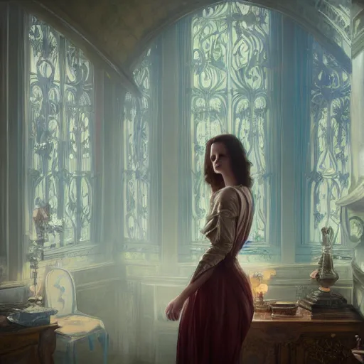 Image similar to a very detailed portrait painting of Eva Green, a very detailed french room, a very detailed dramatic sky, light particles, environment drawn byVesper Lynd, character design by Alphonse Mucha, 4k, volumetric lighting, komorebi, award winning, octane render, hyperrealistic