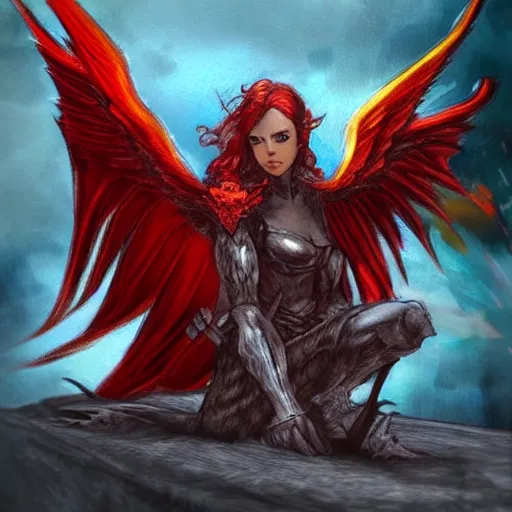 Prompt: “winged, red haired woman, gargoyle, flaming sword, full plate armor, fantasy drawing, concept art”