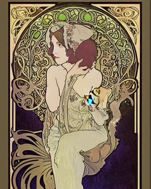 Prompt: art nouveau portrait of a cat, alphonse mucha, kay nielsen, studio ghibli, painterly