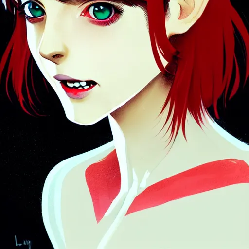 Prompt: beautiful anime vampire girl Alison Brie, red glowing hair, smiling, clear clean face, symmetrical face, blurry background, Jamie McKelvie comic art, Alexandra Fomina artstation, face by Ilya Kushinov style, style by Loish, Norman Rockwell, painterly style, flat illustration