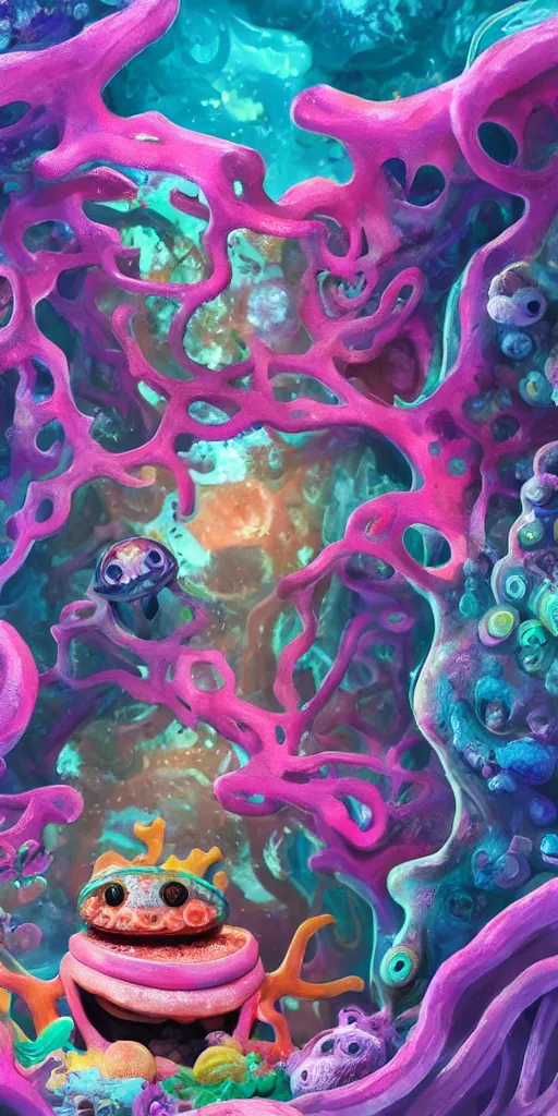 Image similar to of a colorful deep sea cave with strange cute friendly happy creatures with huge eyes, mouth, long tongue and round teeth appearing from sandy coral, in the style of gehry and gaudi, macro lens, shallow depth of field, ultra detailed, digital painting, trending artstation, concept art, illustration, cinematic lighting, photorealism, epic, octane render