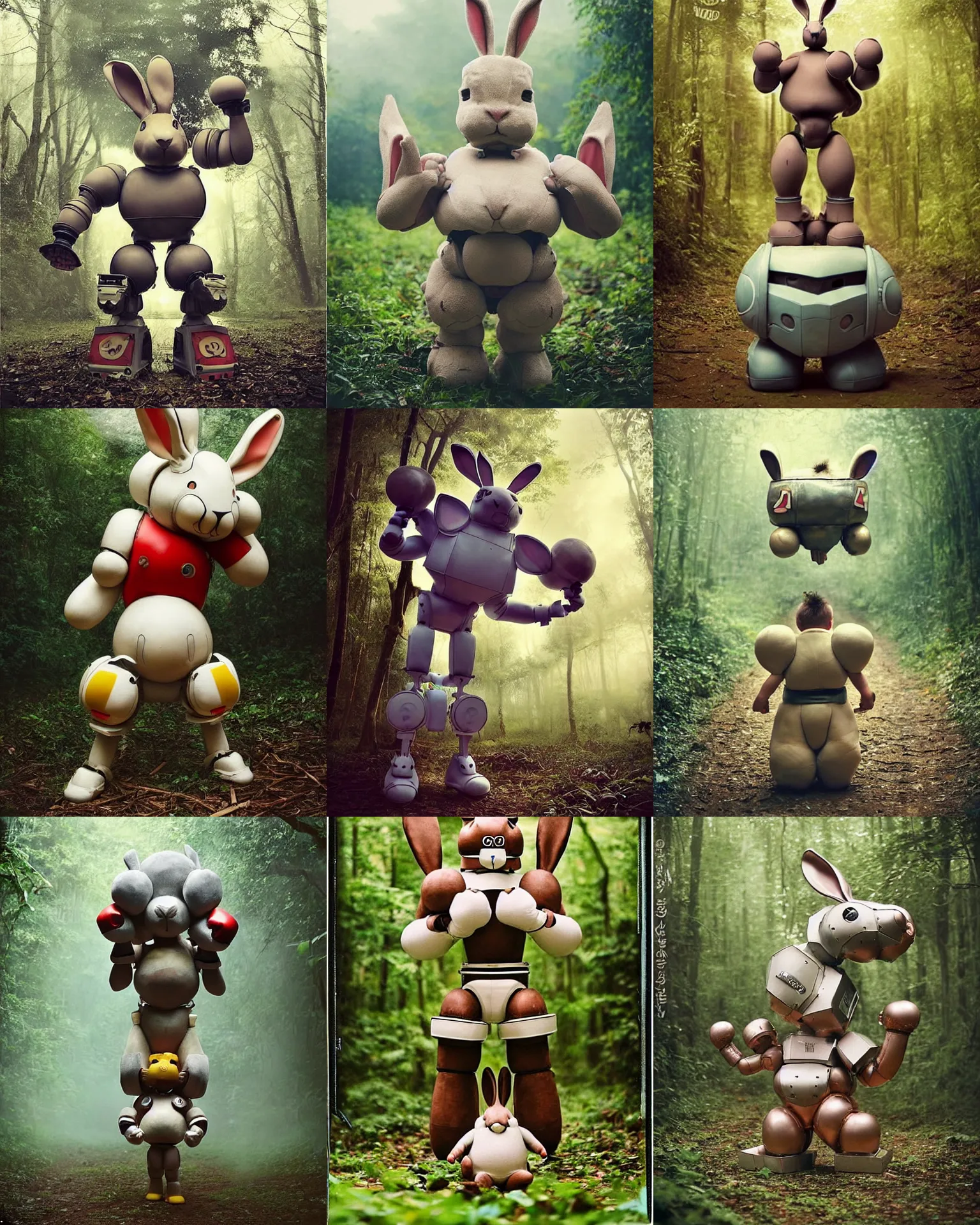 Prompt: winning pose !! giant oversized battle rabbit robot chubby mech baby as oversized muscular boxing champion !! with big ears and rabbit , on a jungle forest , full body , Cinematic focus, Polaroid photo, vintage , neutral dull colors, soft lights, foggy ,random weather, by oleg oprisco , by victor enrich