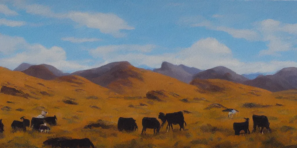Prompt: painting of rocky highlands with goats grazing in the distance