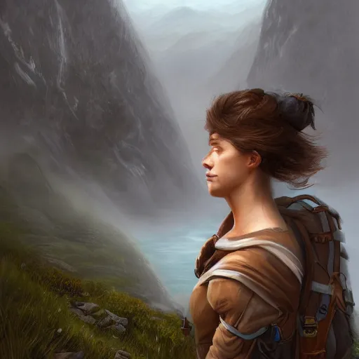 Prompt: highly detailed beautiful digital portrait painting of an adventurer woman facing away from the camera, looking at cliffs and mountains in the distant fog, trending on artstation, cgsociety