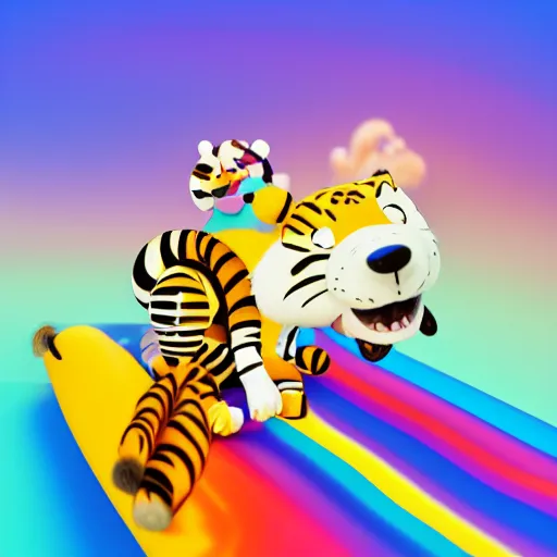 Image similar to calvin and hobbes, lisa frank style, 3 d render