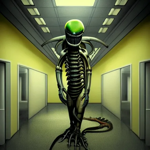 Image similar to detailed realistic xenomorph in an endless empty office building, pale yellow walls, moist brown carpet, defective fluorescent lighting, artstation, ultra detailed, creepy, photorealistic, nostalgia, art by h. r. giger