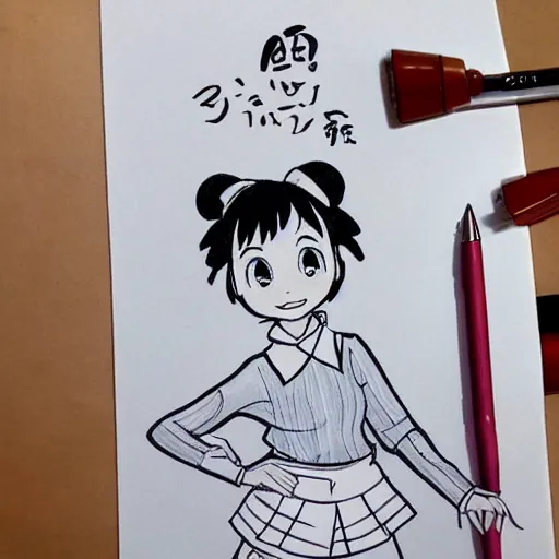 Image similar to a perfect professional sketch of a funny and cute Japanese schoolgirl, by ink pen, in style of Disney Pixar, CalArts, on high quality paper