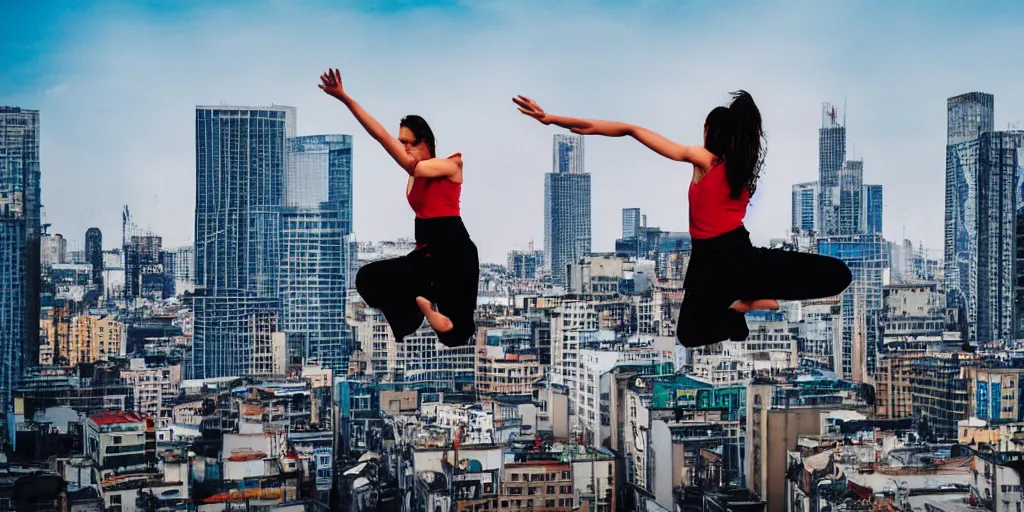 Prompt: woman doing kung fu on the top of a billboard on a city full of skyscrapers, huge modern city