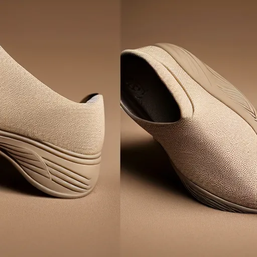 Image similar to a distinctively curved silhouette desert sand color shoe, upper of the shoe is made from a lightweight foam material, which gives the shoe its unique look. the foam material used on the midsole and outsole of the shoe, foam - based slip - on shoe, looks like a crocs, studio lighting, studio portrait