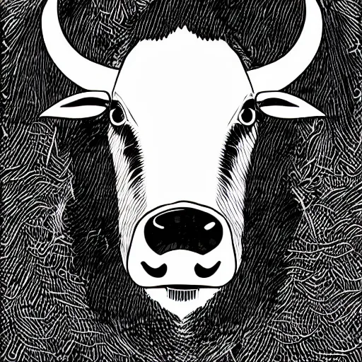 Image similar to antichrist, cow, pig, sheep, chicken, white on black vector ink drawing