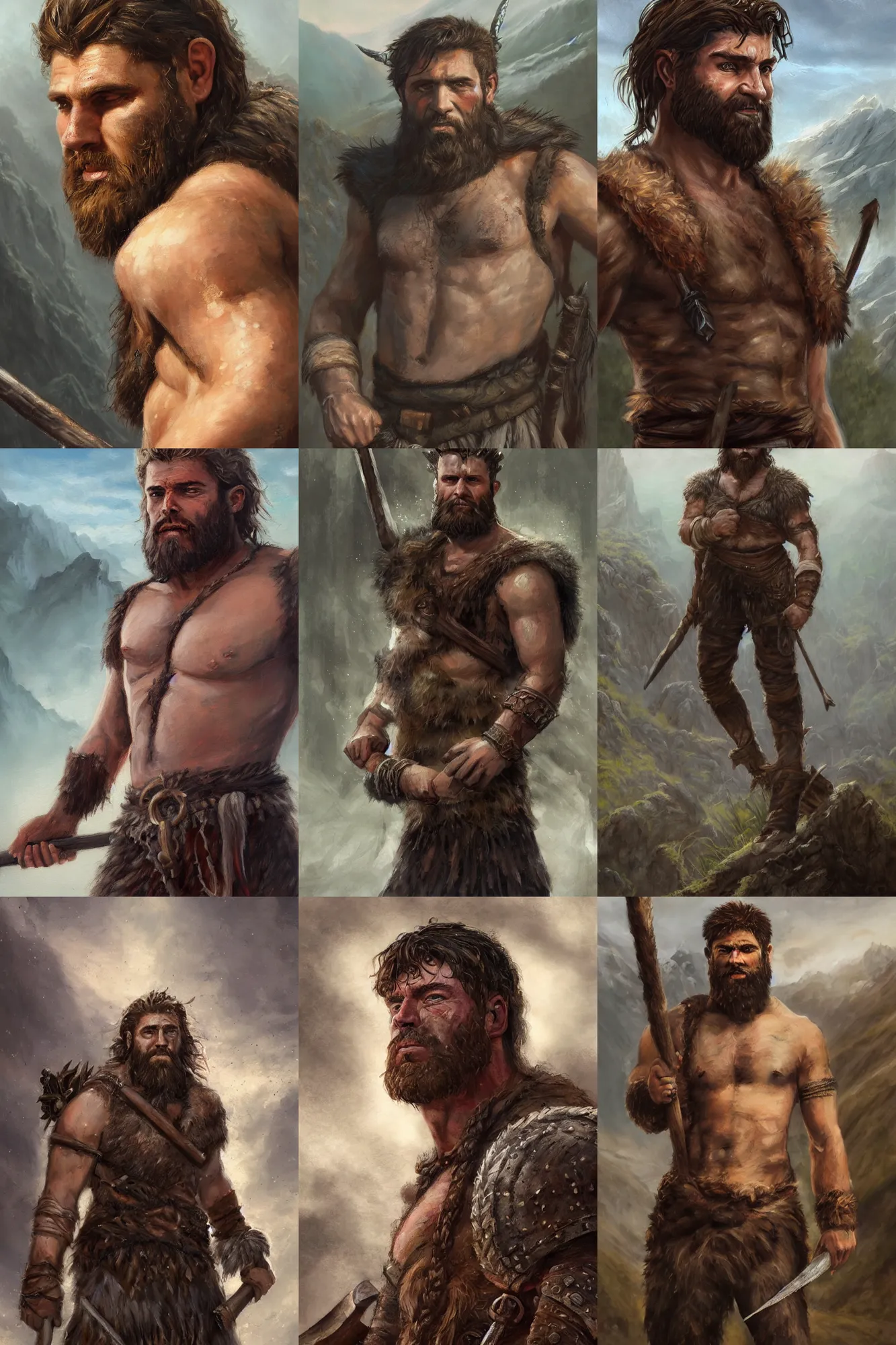 Prompt: a full body high detail fantasy portrait oil painting illustration of a single young handsome rugged stoic barbarian man by Justin Sweet with face and body clearly visible, in a scenic background, pupils visible, realistic proportions, d&d, rpg, forgotten realms, artstation trending, high quality, sombre mood, artstation trending, muted colours, no crop, entire person visible!, natural light, Adobe Photoshop, Adobe Lightroom, photolab, Affinity Photo,