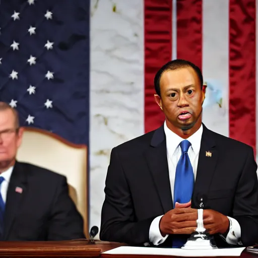 Prompt: tiger woods giving the state of the union address as president of the united states of america. ultra realistic. 4 k.