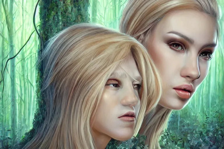 Image similar to realistic detailed portrait painting of a beautiful ghost woman with blond hair with an alien, futuristic sci-fi forest on background