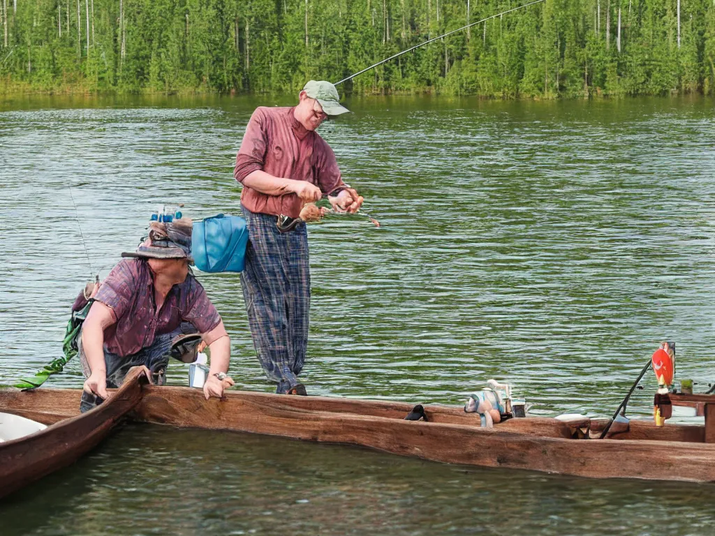 Prompt: disney's goofy fishing with rod from old wooden rowboat on a finnish lake