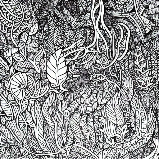 Image similar to an adult coloring book of an enchanted forest