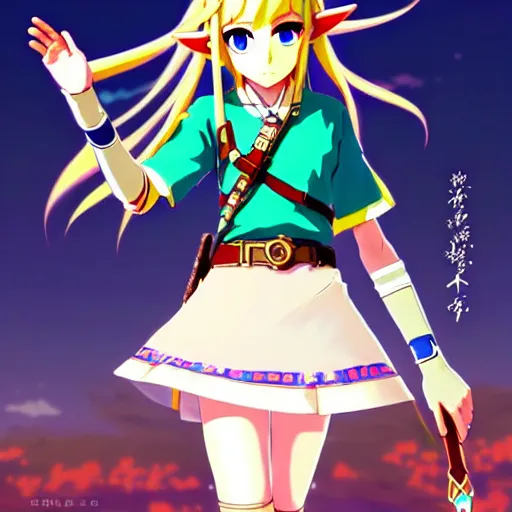 Image similar to a beautiful! young feminine link from botw, wearing japanese catholic school girl outfit with mayan pattern and native style, aztec street fashion, guilty gear art direction, perfect anime face, gapmoe yandere grimdark, trending on pixiv fanbox, painted by greg rutkowski makoto shinkai takashi takeuchi studio ghibli, akihiko yoshida