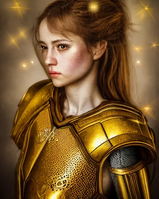 Image similar to pastel portrait of woman in shining golden armor, high production value, intricate details, high resolution, hdr, high definition, masterpiece, realistic, ultrarealistic, highly detailed, hd, sharp focus, non blurry, sharp, smooth