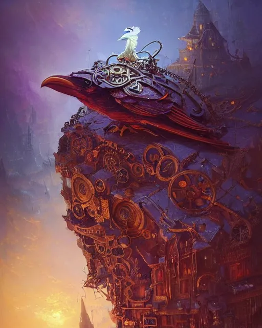 Image similar to a close - up stunning fantasy scene of an adorable steampunk crow | highly detailed | very intricate | disney | magic the gathering | steampunk | dramatic romantic epic breathtaking whimsical magical | professional cinematic lighting | award - winning | painted by marc simonetti and anton fadeev and paul lehr and rhads and alena aenami | pastel color palette | featured on artstation