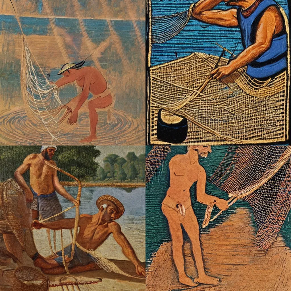 Prompt: art of a fisherman, weaving a net next to a lake, art in the style of Mesopotamia 4000 BCE