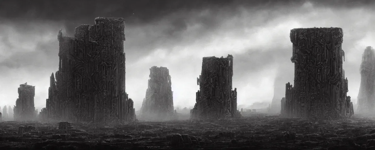 Prompt: a large ominous and geometric ruins of an alien civilization built on a barren dry land with an epic cloud formation on the background by HR GIger, Dariusz Zawadzki, Neil blevins, Feng Zhu, gustave doré, zhuoxin ye, very detailed, octane render, 8k, oranate and brooding, scary and dark, canon 24mm lens