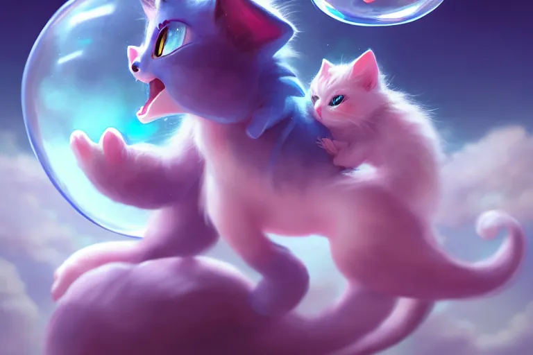 Prompt: cinematic portrait of cute Mew riding large blue bubble, oil on canvas, masterpiece, trending on artstation, featured on pixiv, cinematic composition, dramatic pose, beautiful lighting, sharp, details, hyper-detailed, HD, HDR, 4K, 8K