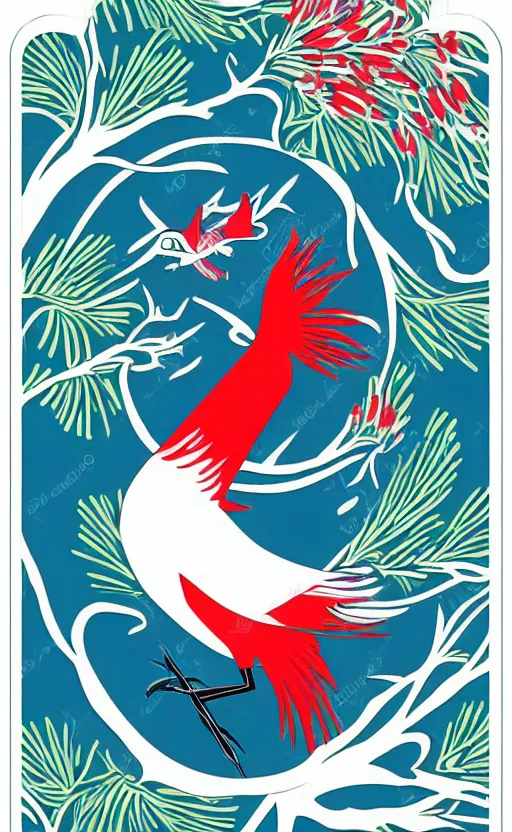 Prompt: poker card style, modern look, solid colors, japanese crane bird in center, pines symbols, vivid contrasts, for junior