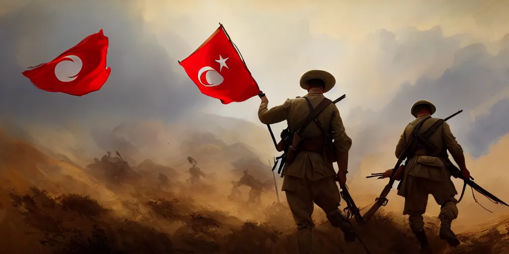 Image similar to a soldier is carrying the turkish flag on a gallipoli campaign, battlefield 1, extremely detailed digital painting, in the style of fenghua zhong and ruan jia and jeremy lipking and peter mohrbacher, mystical colors, rim light, beautiful lighting, 8 k, stunning scene, raytracing, octane, trending on artstation