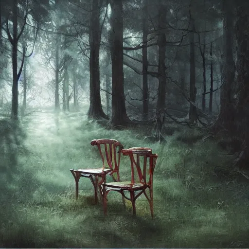 Prompt: chair in the forest wenjun lin photorealism