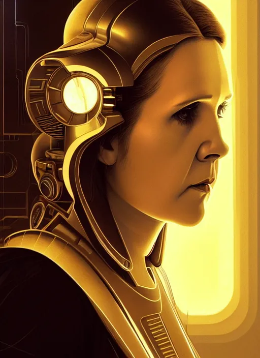 Image similar to symmetry!! portrait of young carrie fisher, gold sci - fi armour, tech wear, glowing lights!! sci - fi, intricate, elegant, highly detailed, digital painting, artstation, concept art, smooth, sharp focus, illustration, art by artgerm and greg rutkowski and alphonse mucha