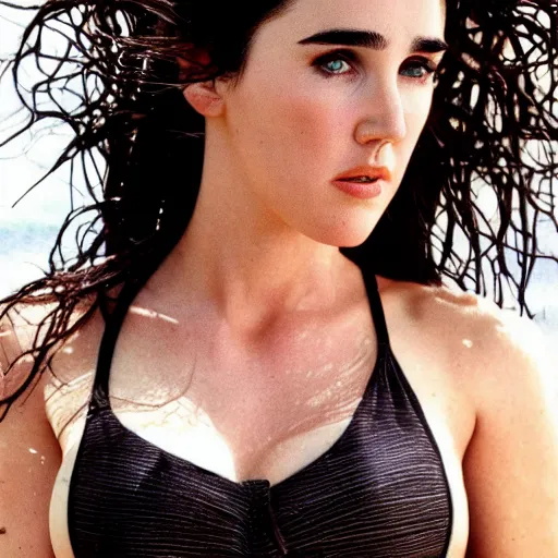 Prompt: Portrait Photography, medium closeup of young jennifer connelly poses in 2 Piece Mini Micro Push Up Swimsuits at summer beach, confident pose, fierce expression, intricate details, detailed face, detailed illustration, impressive lighting, symmetrical features, ultra detailed, 12 megapixels