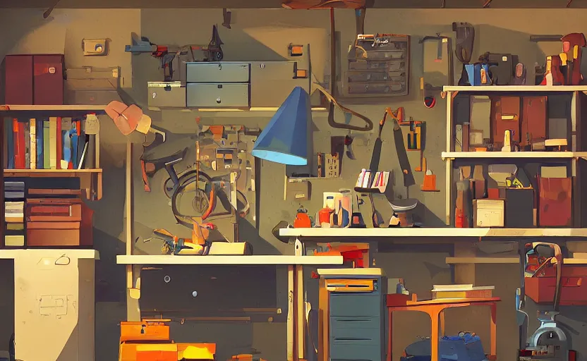 Prompt: village detective in his garage office, workshop, james gilleard, print, game art