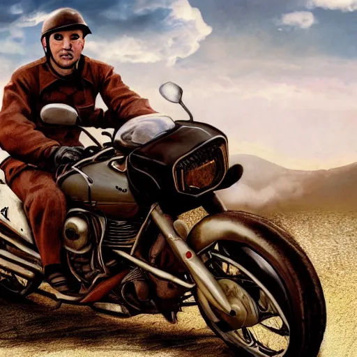 Image similar to Kino riding a Motorrad, Kino no tabi 2003, highly detailed, cinematic lighting, Cinematic wallpaper,