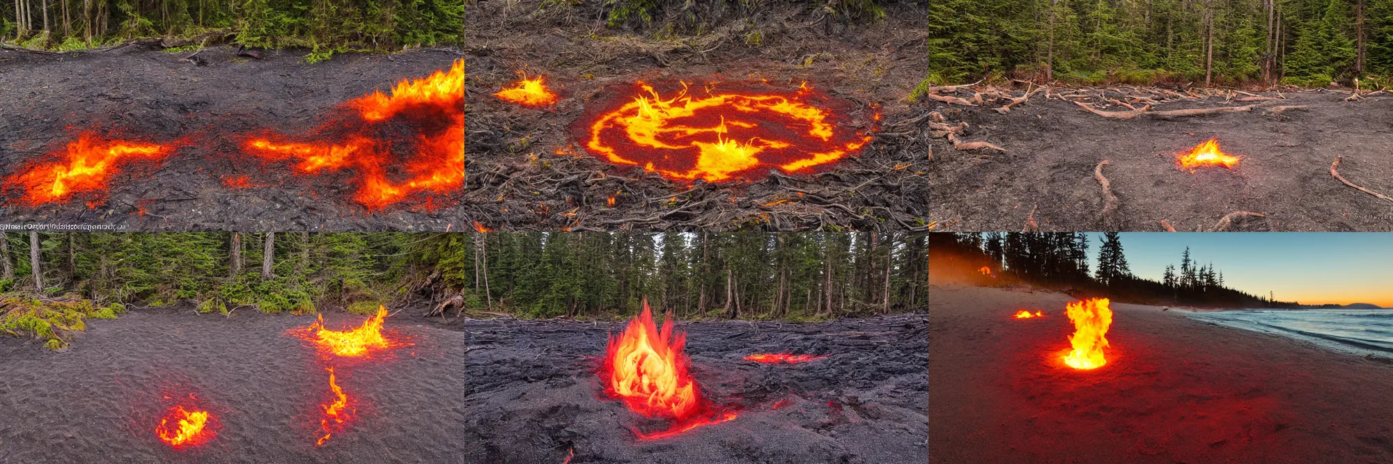 Prompt: witchcraft performed with a fiery pit at the beach of the vancouver island, photography