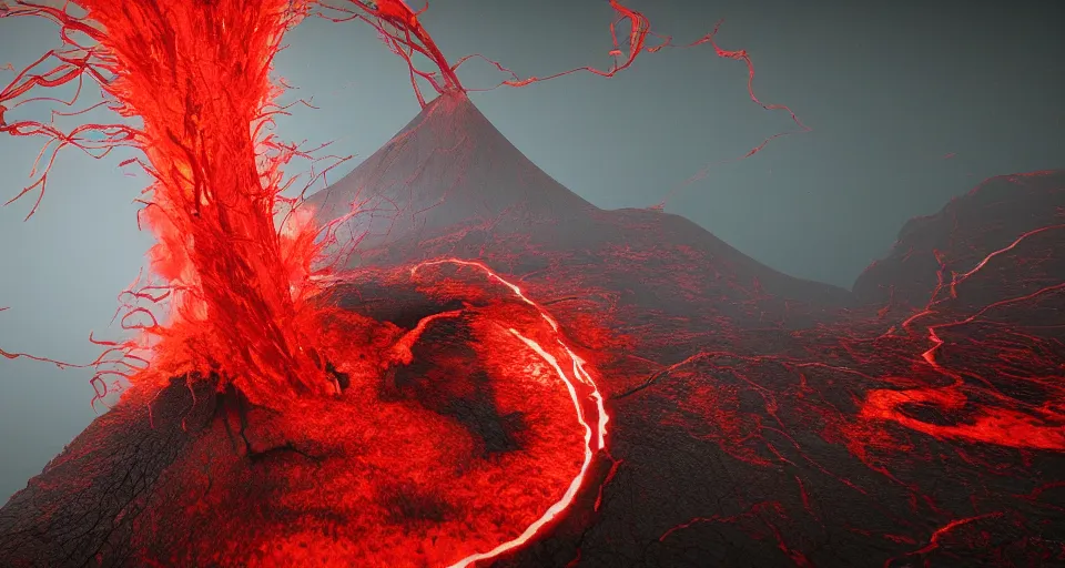 Image similar to a volcano made of ivory vines and crimson rocks enters in eruption, it spits a smoke in the shape of demonic eye, with CRYENGINE