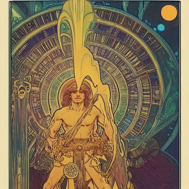 Image similar to polaroid of a vintage record cover by Franklin Booth showing a portrait of Thor as a futuristic space shaman, Alphonse Mucha background, psychedelic art, star map, smoke, sciFi