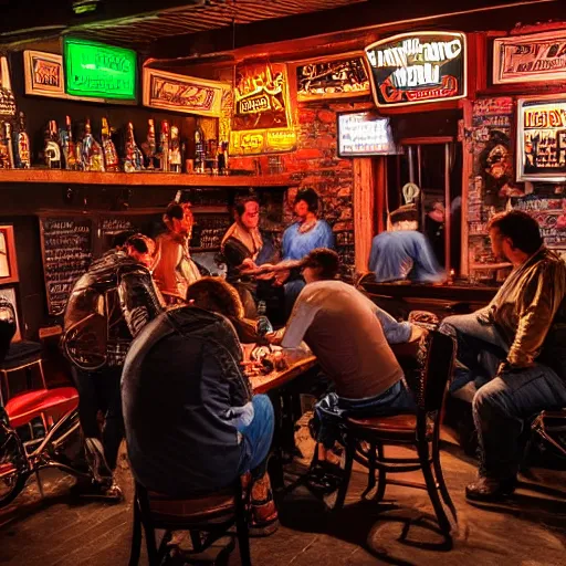 Image similar to bikers in a bar playing monopoly under the dim light of a ceiling lamp, cigarette smoke, biker bar, painting, sharp, dimly lit, 9 0 s bar