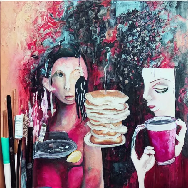 Image similar to “ sensual, a portrait in a female art student ’ s apartment, pancakes, woman drinking an iced latte from a painting, berries, art supplies, a candle dripping white wax, berry juice drips, neo - expressionism, surrealism, acrylic and spray paint and oilstick on canvas ”