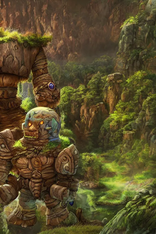 Image similar to zelda fantasy art giant golem troll wood rock greeble gemstone, global illumination ray tracing hdr fanart arstation by sung choi and eric pfeiffer and gabriel garza and casper konefal