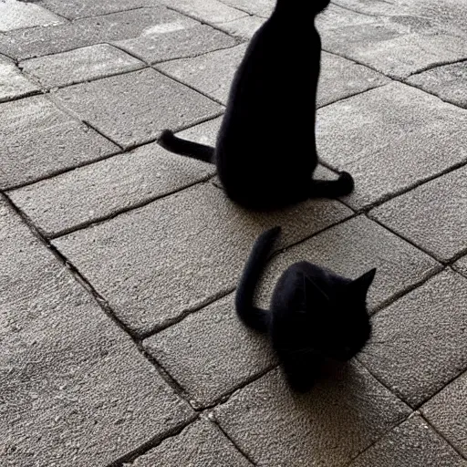 a black cat sitting on a tiled floor, trending on