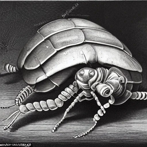 Prompt: downward view of a pill bug or isopod with three long tentacles extending from its back end wrapped around a man's arm as he lovingly cradles it in his large hand on a wooden table, famous scientific illustration by Rembrandt