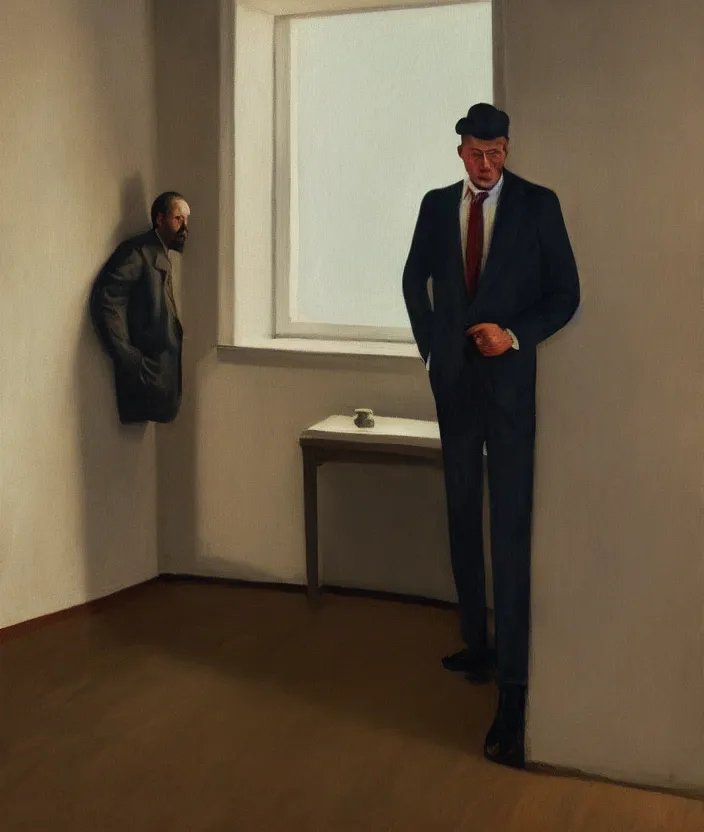 Prompt: a portrait painting of a man in a suit, the man is screaming and sad, highly detailed facial details, the man is alone in front of a window, in the style of edward hopper, 4 k,