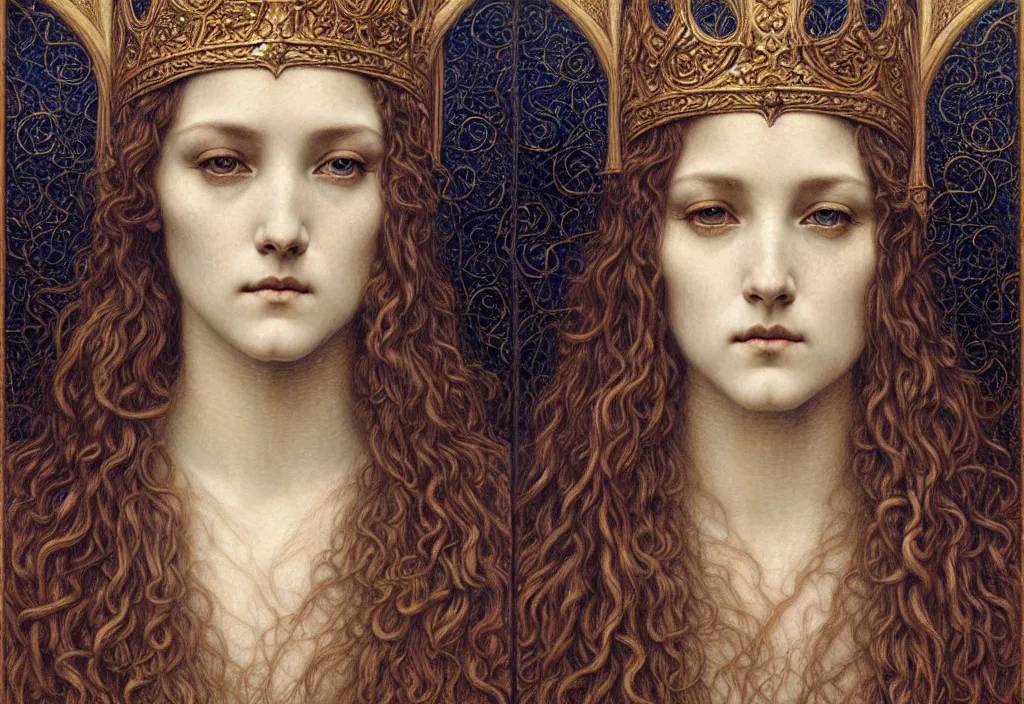 Image similar to detailed realistic beautiful young medieval queen face portrait by jean delville, gustave dore and marco mazzoni, art nouveau, symbolist, visionary, gothic, pre - raphaelite. horizontal symmetry