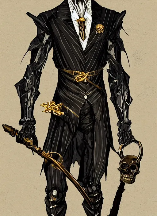 Image similar to DND character art, skeletal male figure, wearing a deep black suit!!! and tie and top hat, holding a gold! cane!, blue flames!!