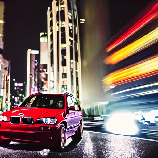 Prompt: photo of a bmw x 5 2 0 0 3 at night driving fast through a city, cinematic, 4 k, long exposure photography, tokyo drift, fast and furious, kodak portra 4 0 0