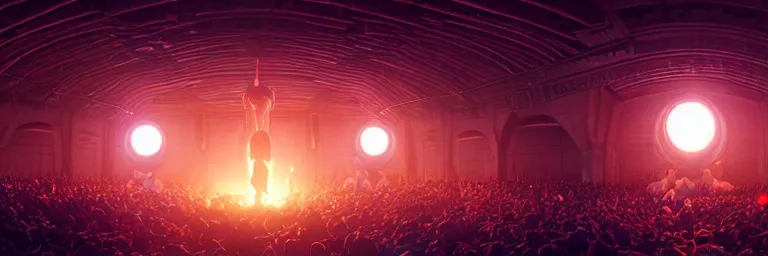 Image similar to a crowd of worshipers praying to a portal to hell, by Antoine Collignon, luminous lighting, cinematic, panoramic, aspect ratio 1:3