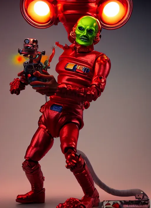 Image similar to hyperrealistic rendering, shiny mars attacks martian by and richard corben and jeff easley, product photography, action figure, sofubi, studio lighting, colored gels, rimlight, backlight