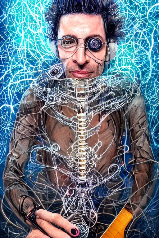 Prompt: portrait of a jewish punk playing an electronic!!-musical-instruments, intricate, stunning, highly detailed, digital painting, artstation, concept art, smooth, sharp, focus, illustration, neural implant designed by michael whelan, inside an a space station recording studio filled with strange surrealist detailed alien electronic and acoustic musical-instruments!! with blinking LEDs and oscilloscopes on screens in detailed alien interiors, backlit fog, designed by Larry Elmore Kerlaft and Pixar, photorealistic, 3d render, award winning render, unreal engine, octane render, studio lighting, 8k, hd